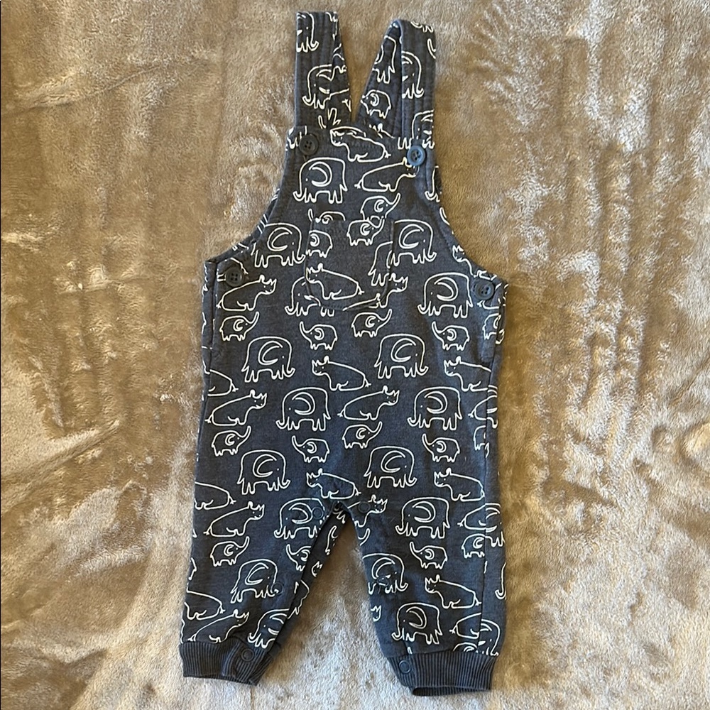 Boys Playful Gray Elephant Print Overalls